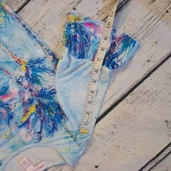 Leoma Lovegrove Blue Yellow Palm Tree Print Frilled Sleeve Tie Waist Top Shirt S - Picture 6 of 7